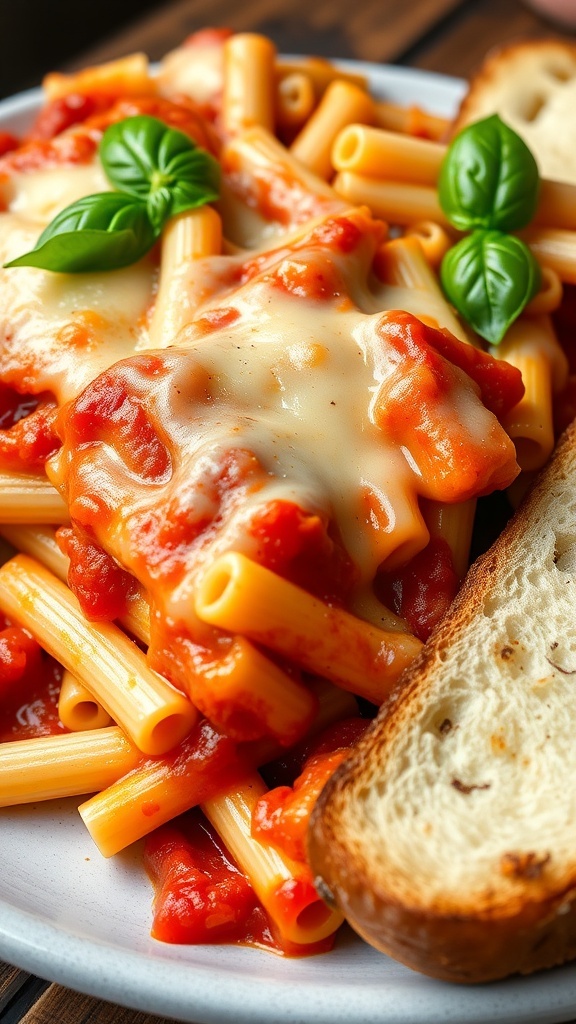 Vegetarian Baked Ziti Recipe A hearty baked ziti with marinara sauce and melted cheese, garnished with basil, served with garlic bread.